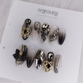 Black Granation Full Stone Nail Handmade Nail Tips - Coffin / 블랙그라네이션 풀스톤네일 수제네일팁 - 코핀