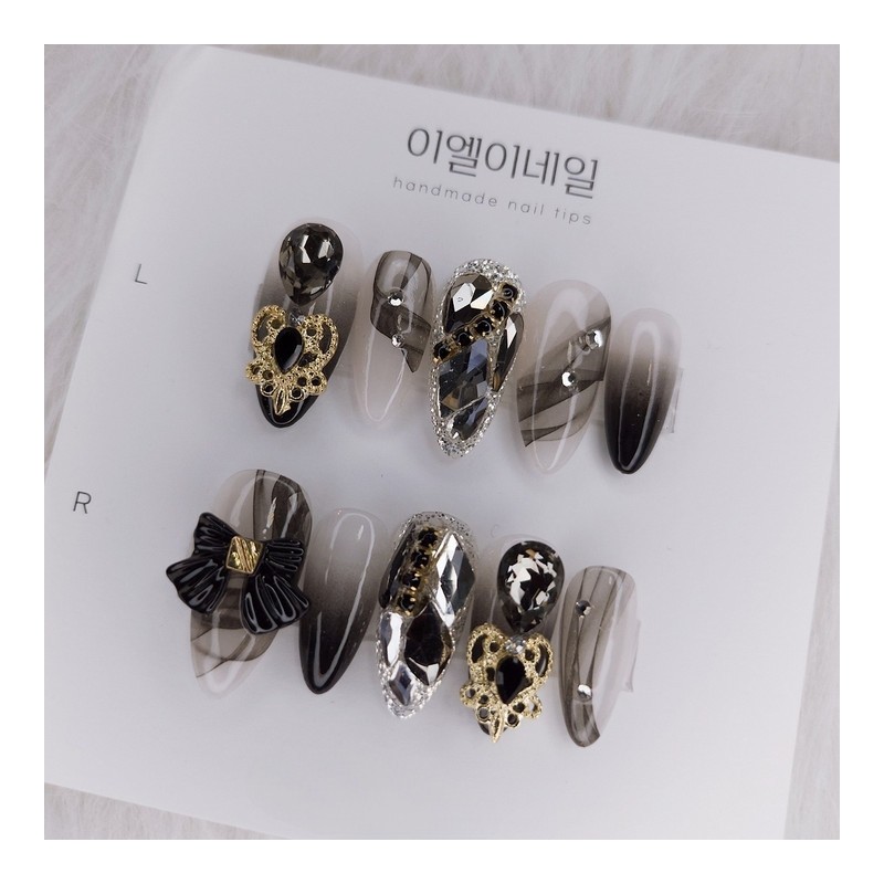 Black Granation Full Stone Nail Handmade Nail Tips - Coffin