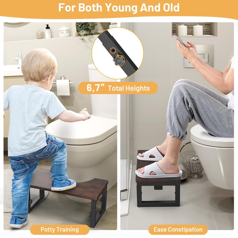 Foldable Toilet Stool, 6" and 7" Wood Poop Stool for