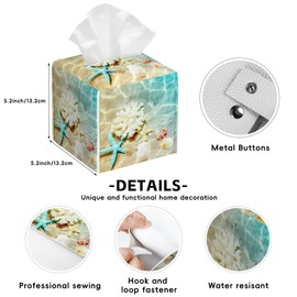 Starfish Tissue Box Cover,Coral and Seashell PU Leather Tissue Box Holder Square,Modern Home Decoration for Bathroom Living Room Kitchen Office Car,5.2"×5.2"×5.2"
