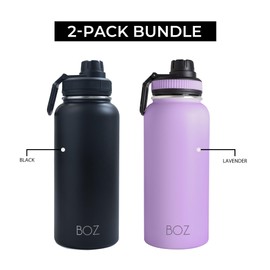 BOZ Stainless Steel Water Bottles 2 Pack Bundle - Black Water Bottle + Lavender Water Bottle - Insulated Water Bottles 1l - Wide Mouth BPA Free Metal Water Bottles for Gym with Spout Lid