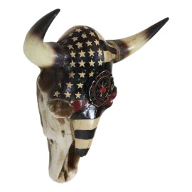 Western Bison Bull Cow Skull With USA Flag Maltese Fire Fighter Cross Wall Decor