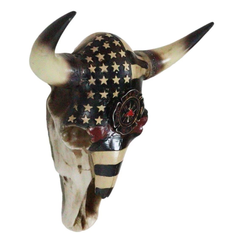 Western Bison Bull Cow Skull With USA Flag Maltese Fire