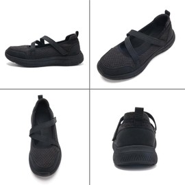 Womens Mary Jane Shoes Comfort Memory Foam Arch Support Orthopedic Shoes Ladies Trainers Casual Lightweight Hook and Loop Flats All Black UK 3