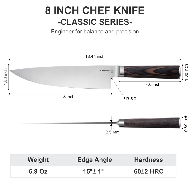 Butterfork 8 Inch Chef Knife, AR-RPM9 Steel, Pakkawood Handle Utility