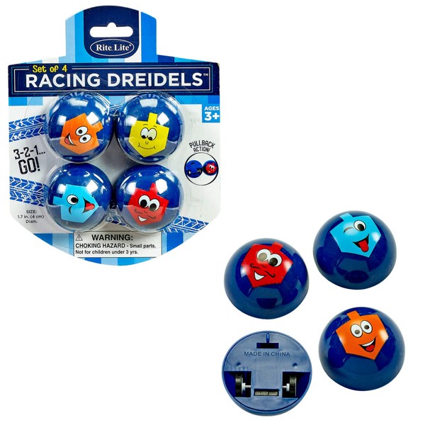 Rite Lite Chanukah Racing Dreidels Set of 4 - Pull Back & Race! Hanukkah Gifts Jewish Holiday Party Toys Decorations Party Favors Goodie Bag Rewards for Kids, Festival of Lights, Fun & Educational!