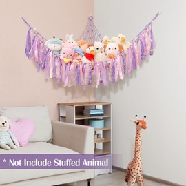 Lewondr Stuffed Animal Hammock, Dense Stuffed Animal Net or Hammock with Transitional Fringes, DIY Ribbons Great Decor Stuffed Animal Storage, 138'' Star Light String, 39'' x 39'' x 59, Purple
