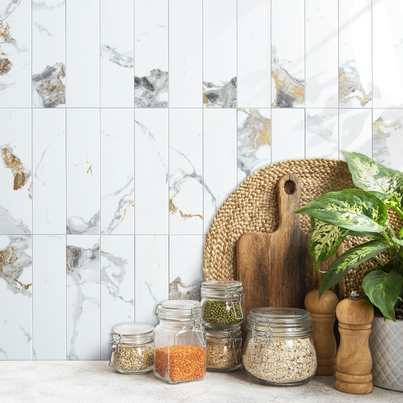 AULIGET 40-Piece Polished White Marble with Gold Peel and Stick