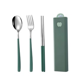 Stainless Steel Sliding Case with Case, Easy to Operate, Portable, Convenient for Students, Adults, School Meals, Lunch Outdoors, Camping, Chopsticks, Spoons, Fork Set, Bento Cutlery Set (Green)