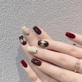 BSLVWG 24 Pcs Christmas False Nails Short,Press on Nails with Snowflake Elk,Square Fake Nails Short with Nail Glue, Christmas Decoration Festival Holiday Nails Fake Nail for Nails Art (04)