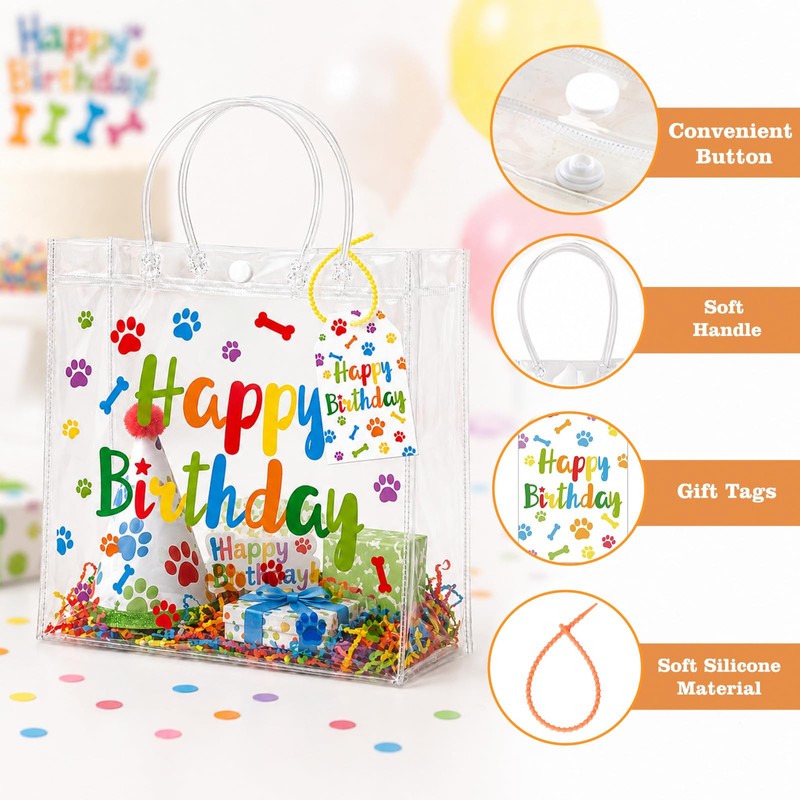 joycraft Dog Paw Clear PVC Gift Bags with Handles, 12Pcs