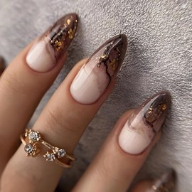 MISUD Fall Press on Nails Medium Almond Fake Nails Glossy Glue on Nails Black Brown Ombre Acrylic Nails Stiletto Artificial Nails Bling Gold Glitter Stick on False Nails with Design 24 pcs