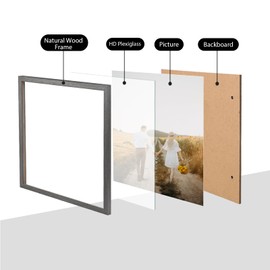 KINLINK Square 16x16 Picture Frames Grey, Solid Wood Frames with Acrylic Plexiglass for Pictures 12x12 With Mat Wall Mounting Display Set of 4