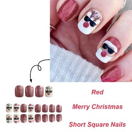 Christmas Press on Nails Short Square Fake Nails with Red Glitter Design Santa Claus Glue on Nails Elk Reindeer Stick on Nails Glossy Reusable Winter Xmas False Nails for Women Girls Manicure 24pcs