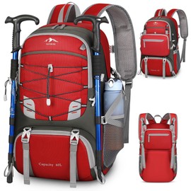 RAINSMORE Hiking Backpack for Women Men 40L Travel Camping Backpack Waterproof Foldable Hiking Daypack with Detachable Storage Bag Packable Backpacks for Casual Trekking Mountaineering Red