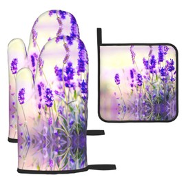 Lavender Flower Print Heat Resistant BBQ Gloves Oven Mitts and Pot Holders Set for Kitchen Baking Set