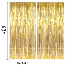 2 Pack Metallic Tinsel Foil Fringe Curtains, Photo Booth Backdrop Hanging Door Streamers for Birthday Party Decorations, 3.2Ft x 6.56Ft (Glod)