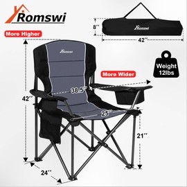 Romswi Oversized Folding Camping Chairs with Adjustable Arm Straps, 450lbs Weight Capacity, Padded Back, Cooler Bag & Side Pockets, Collapsible for Outdoor,Fishing & Garden,Black,2-Pack