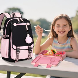Bevalsa Kids Backpack for Girls with Bento Lunch Box Set, Pink Cute Bookbag Backpack for Girls Kids, 43oz Lunch Containers Lunchbox Bento Box, Lunch Bag & Pencial Case, Back To School Gift