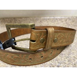 Enmon Unisex Genuine Leather Embossed Belt Brown with Gold Tint Size Small 31”