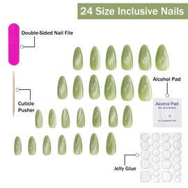 Green Press on Nails Almond Shape Fake Nails MediumFalse Nails Design Full Cover Glossy Almond Reusable Acrylic Nails Stick on Nails for Women Girls Manicure Decor 24 Pcs