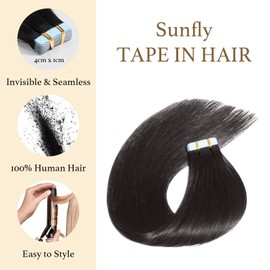 Sunfly Black Hair Extensions Tape In Hair 50g Invisible Tape In Human Hair Extensions 16 Inch 20pcs Glue in Remy Hair #1B Natural Black