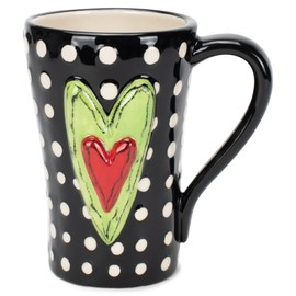 DEMDACO Tracy Pesche White Dots Heart Red Green Black 15 Ounce Glossy Stoneware Mug With Handle