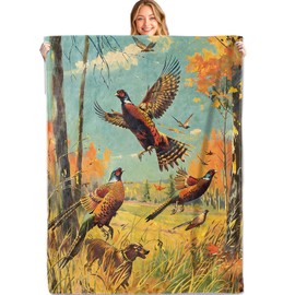 MIEPOS Vintage Pheasant Hunting Throw Blanket, 50x60in, Soft, Lightweight Flannel,Retro Autumn Scene with Upland Bird Dog Fall Tree Blankets, Gifts for Hunters, for Cabin Home Living Room Decor