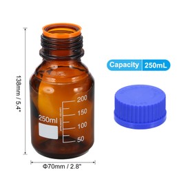 PATIKIL Round Media Storage Bottle, 250ml Thick Glass Graduated Round Bottle, GL45 Blue Screw Cap for Lab Water and Liquid, Brown