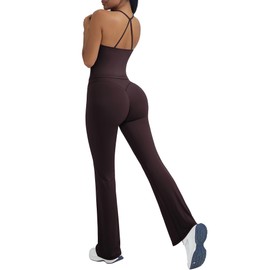 OMKAGI 2 Piece Workout Sets for Women Padded Tank Tops Flare Leggings Pilates Outfits(L,449-Dark Brown)