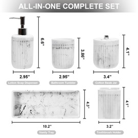 Resin White Marble Bathroom Accessories Set 5 Pcs, Lotion Soap Dispenser, Toothbrush Holder, Bathroom Tumbler, Qtip Holder and Vanity Tray, Bathroom Countertop Organizer Set for Modern Home Apartment