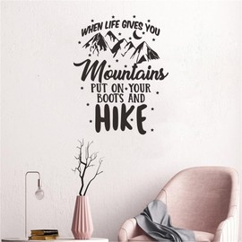 "When Life Gives You Mountains" Quote Wall Decal Sticker - Inspiring Vinyl Art for Bedroom, Living Room - Beautiful Adventure, Inspirational Travel, Effect Size 17"x21"inch (BLACK-JWH354-HIKE)