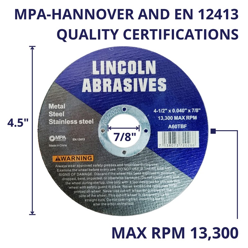 200 Pack 4.5" Cut-Off Wheels Lincoln Abrasives .040" Metal &