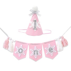 Winter Onederland High Chair Banner - Pink Snowflake 1st Birthday Decoration Set, Felt Snowflake Tassel Garland and Snowflake 1st Birthday Hat, Winter Onederland 1st Birthday Girl Decorations