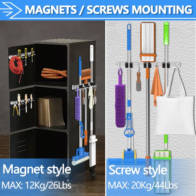 3-H Magnetic Broom Holder Wall Mount 1 Pack, 2-in-1 Dual