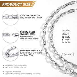 VNOX Silver Paperclip Necklace for Men, 7mm Solid Diamond-Cut Chunky Stainless Steel Anchor Link Chain Mens Necklaces Jewelry Gifts for Men Dad Boyferiend, 20 Inchs