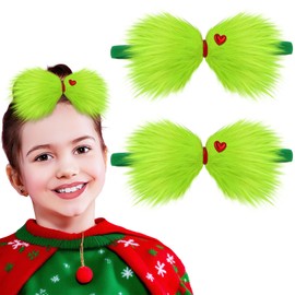 Suncalla 2 Pcs Christmas Green Bow Headbands for Girls, 7.4 Inch Large Green Furry Hair Bow with Heart, Baby Girl Christmas Hairbands Decorations Costume Accessories Newborn Infant Toddler