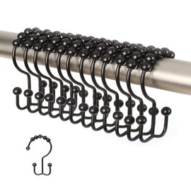 Shower Curtain Hooks Rings Titanker, Stainless Steel Rust Resistant Double Glide Rollers Extra Wide Shower Curtain Rods Hooks for Bathroom, Set of 18 Hooks - Matte Black