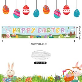 Koliphy Happy Easter Banner for Easter Decorations, Long Easter Banner Easter Egg Bunny Decor for Indoor Outdoor Photo Booth Party Supplies, 118 x 19.7inch