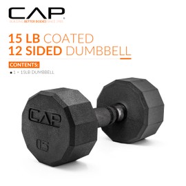 CAP Barbell 12-Sided Coated Dumbbell with Black Handle, Single, 15 LB