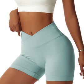 Vertvie - Pantalones cortos de gimnasio para mujer, con cruz en V, elastano, para yoga, motociclista, cintura alta, leggings atléticos, Azul Turquesa, M