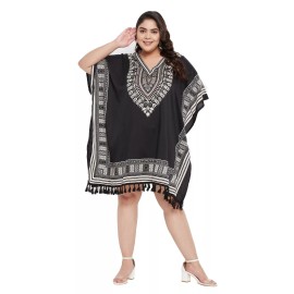 Blue Women Plus Size Tunic Top Mini Kaftan Dress Kimono Sleeves V-Neck Beach Caftan