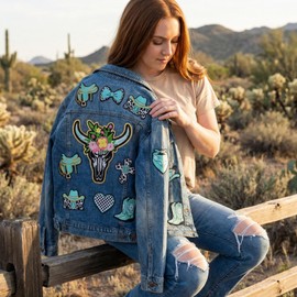 HEYTRCO 12PCS Turquoise Blue Western Cowgirl Embroidery Patches Set, Leopard Iron-On Appliques with Cowboy Hat Boots Saddle Cross for Jackets Hats Bags