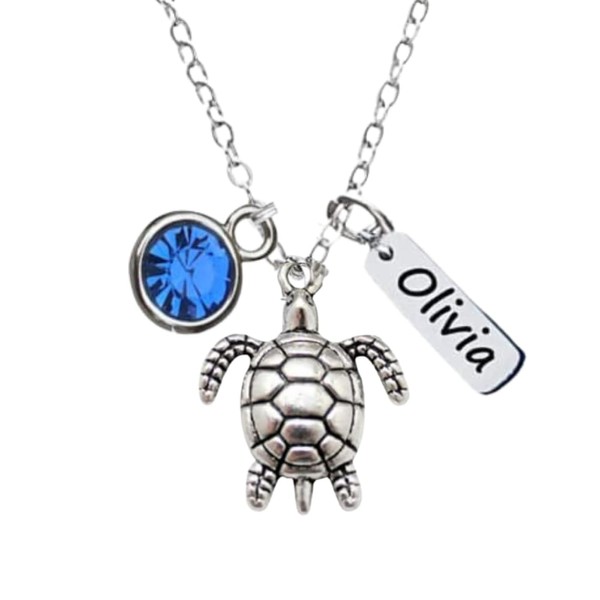 Personalized Turtle Necklace, Name Engraved Custom Birthstone Turtle Jewelry, Turtle