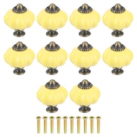 Sourcing Map 10pcs Ceramic Pumpkin Knobs, Yellow Decorative Knobs Pulls, Vintage Drawer Pulls with 10 Screws for Cabinet Drawers, Closets, and Cupboards (38mm/1.5")