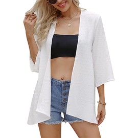 XIWCAFC Women's Summer Chiffon Kimono Cardigan Lightweight Casual 3/4 Sleeve Beachwear Bikini Cover Up Cardigan Plain Long, white l/xl
