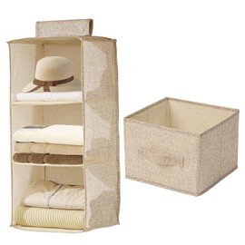 FALSKT Hanging Closet Organizers with Removable Drawer 3 Shelves Wardrobe Hanging Storage Foldable Hanging Closet Shelves Storage for Living Room Bedroom, 11x11x24inch(Beige)