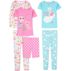 Simple Joys by Carter's Girls' 6-Piece Snug Fit Cotton Pajama Set, Blue Bunny/Pink Dots/White Forest Animals, 4