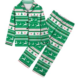 Umeyda Womens Girls Silk Satin Pajamas Set Fashion Print Button Down Shirt Matching Pants Loungewear, Christmas Green, Large