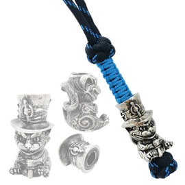CooB EDC Paracord Knife Lanyard with Hand Casted Metal Paracord Bead Pendant Cheshire Cat. Paracord Lanyards for Knives (Silver)